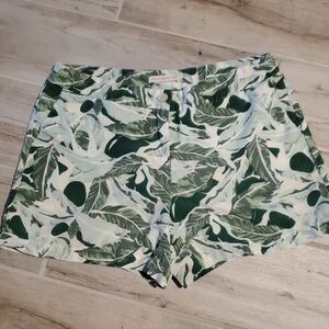 Saint Tropez West Tropical Linen Cotton Shorts Green Palm Leaf Print Sz 8
